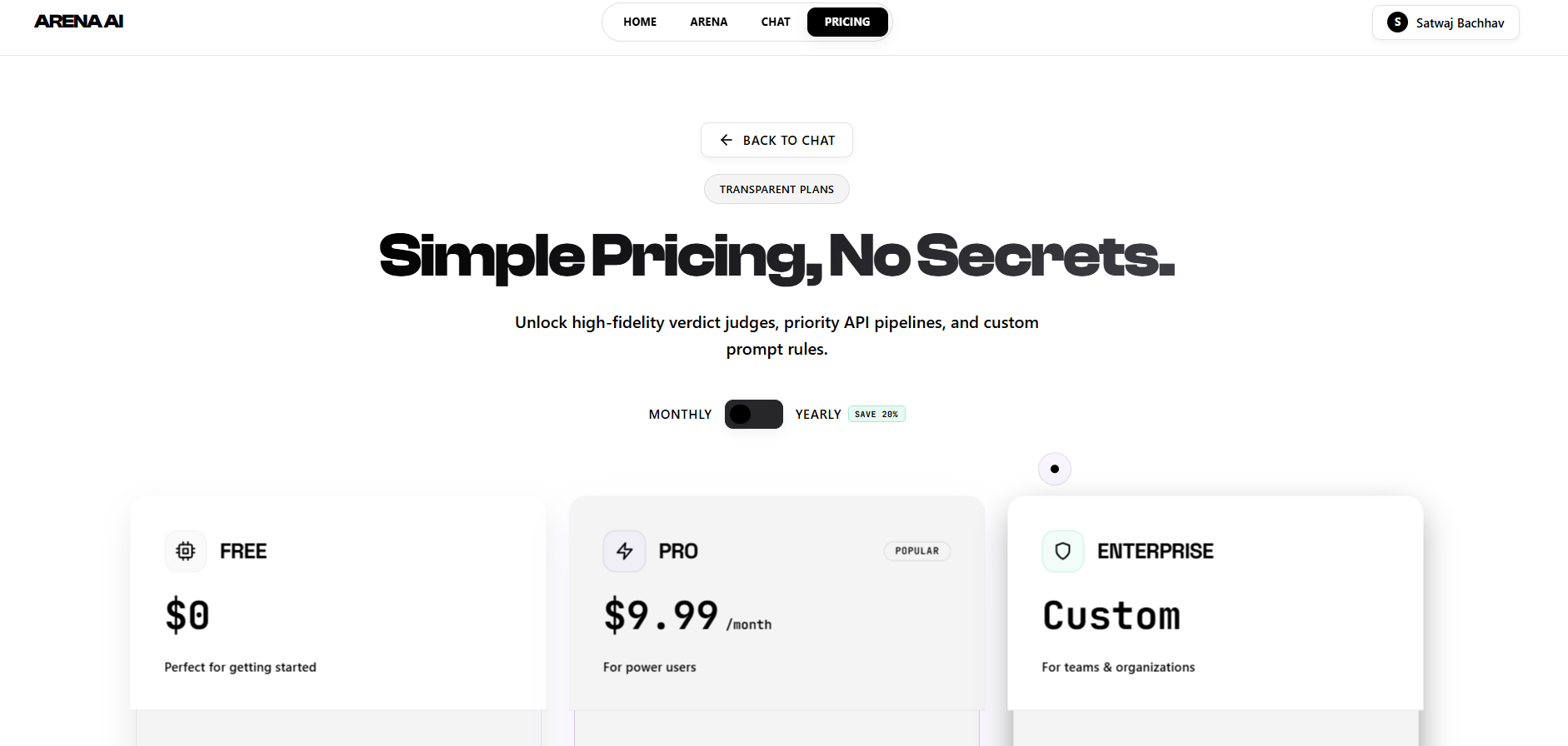 AI Arena pricing page