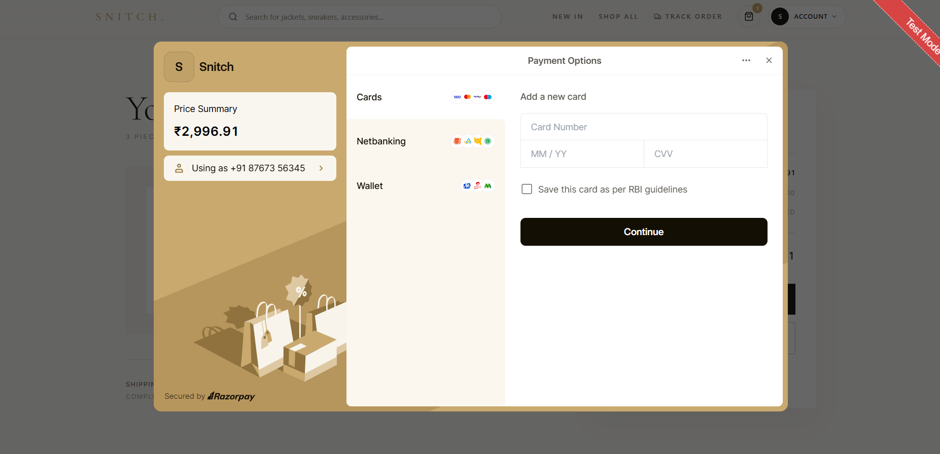 Snitch Razorpay payment screen